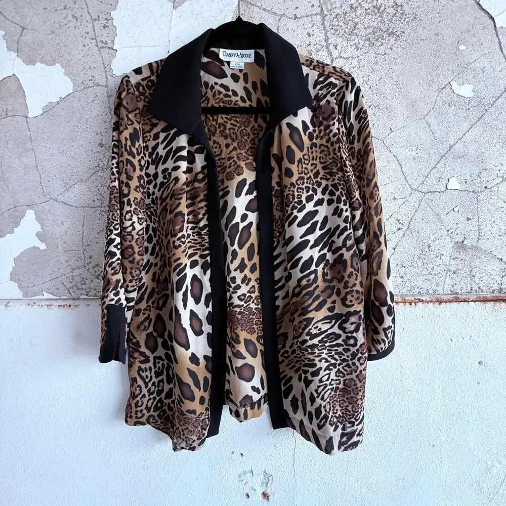 Y2K Leopard Blazer‎ Open Front Cardigan Animal Print Statement Jacket Womens 12P